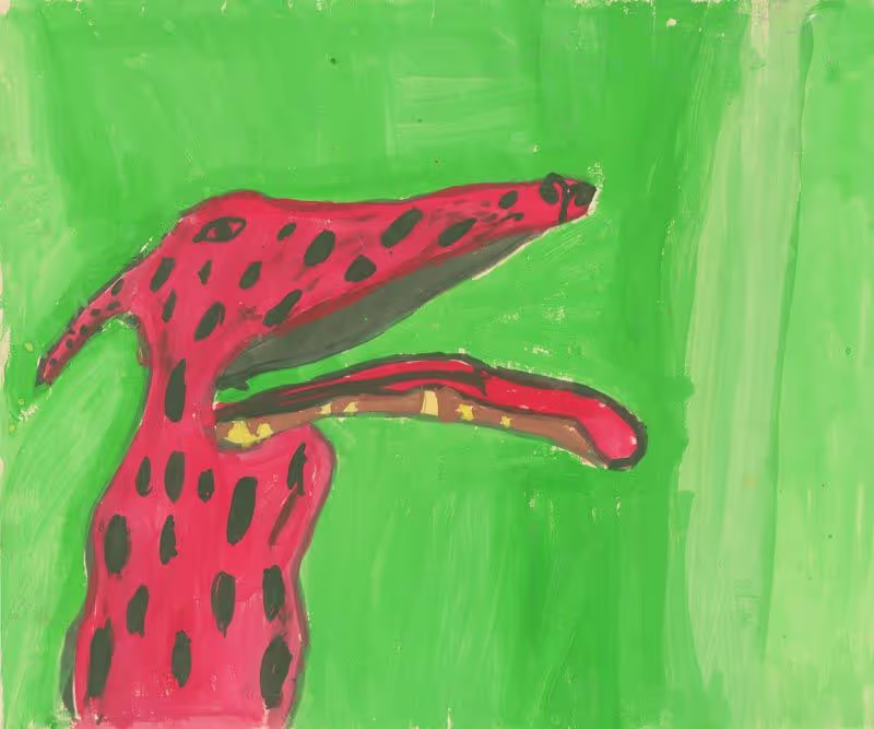A painting of a red and black dog on a green background